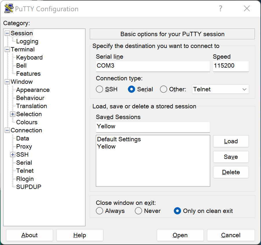Setup session settings in PuTTY
